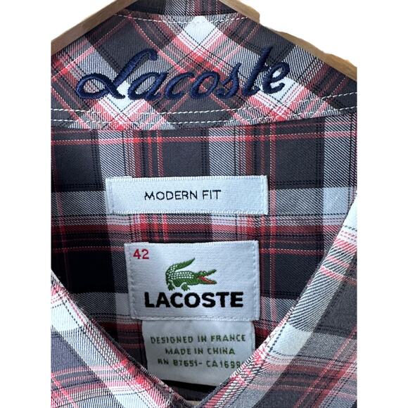 Lacoste Modern Fit Gray & Red Plaid Long Sleeve Button-Up Shirt Men's 42 Large - Picture 4 of 12